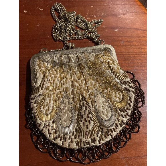 VINTAGE GOLD & BROWN LA REGALE  HAND BEADED PURSE MADE IN HONG KONG WITH FRINGE - Picture 1 of 13